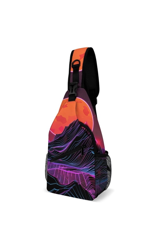 Twill Chest Bag Pack – Multi‑Pocket with Mesh Side Pockets Adjustable Strap – Neon River Velly Cyber Pattern