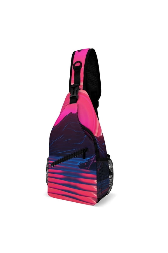 Twill Chest Bag Pack – Multi‑Pocket with Mesh Side Pockets Adjustable Strap – Neon River Velly Cyber Pattern