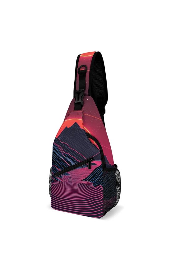 Twill Chest Bag Pack – Multi‑Pocket with Mesh Side Pockets Adjustable Strap – Neon Valley Cyber Future Pattern
