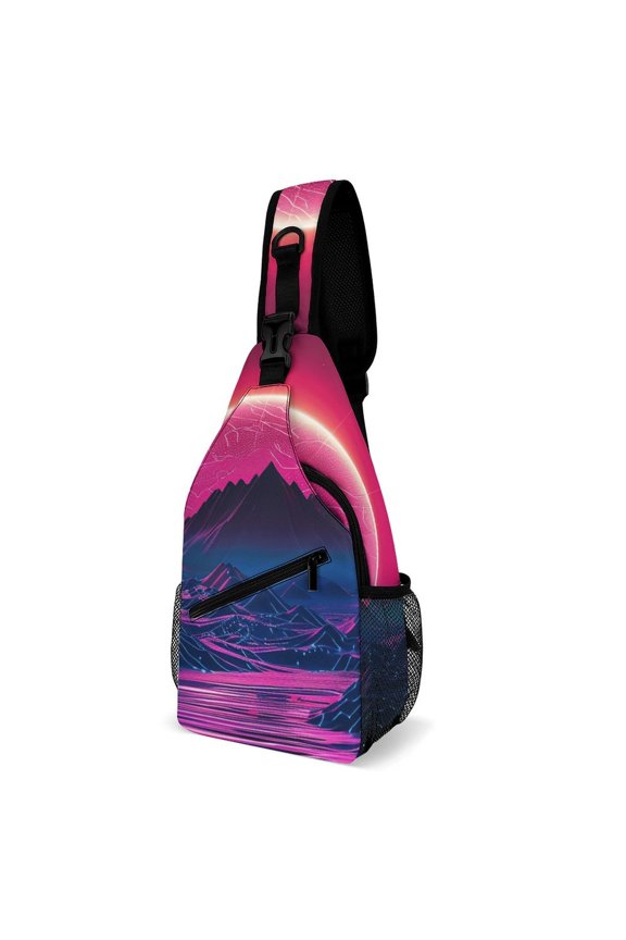 Twill Chest Bag Pack – Multi‑Pocket with Mesh Side Pockets Adjustable Strap – Neon Valley Cyber Future Pattern
