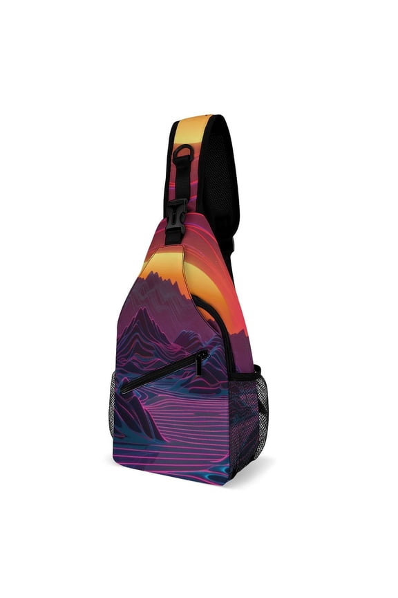 Twill Chest Bag Pack – Multi‑Pocket with Mesh Side Pockets Adjustable Strap – Neon Valley Cyber Future Pattern