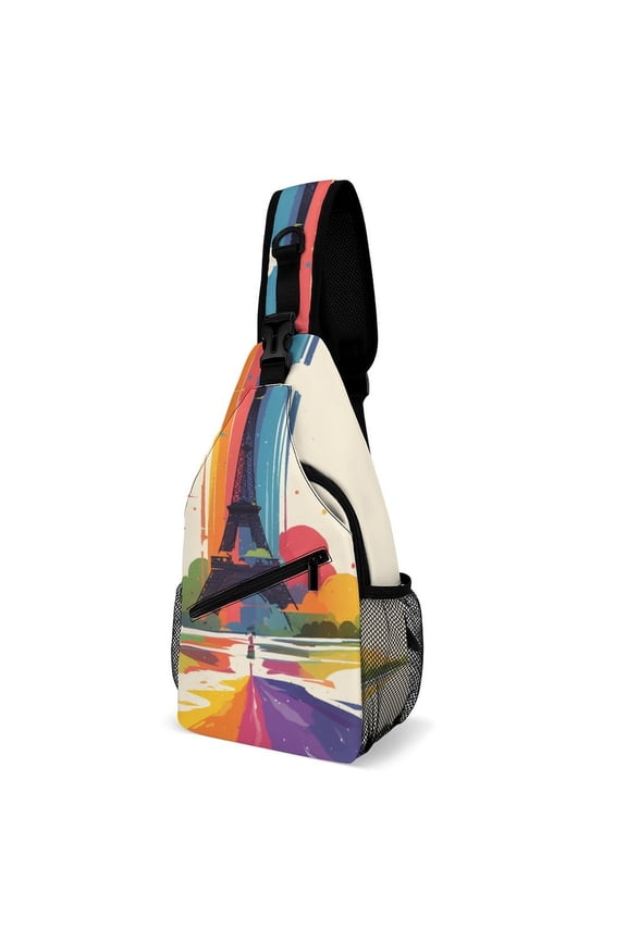Twill Chest Bag Pack – Multi‑Pocket with Mesh Side Pockets Adjustable Strap – Paris Pride Eiffel Tower Pattern