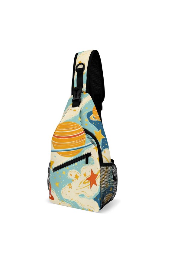 Twill Chest Bag Pack – Multi‑Pocket with Mesh Side Pockets Adjustable Strap – Planet Sketch Pattern