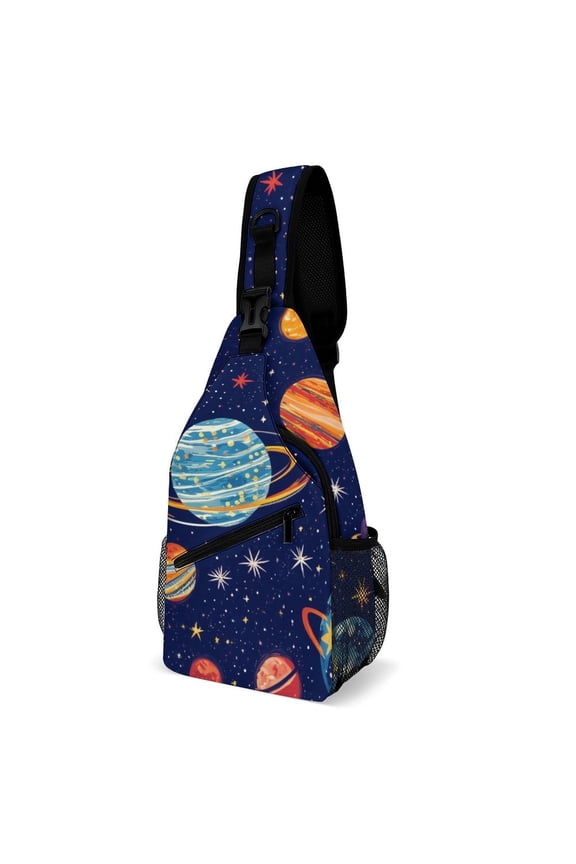 Twill Chest Bag Pack – Multi‑Pocket with Mesh Side Pockets Adjustable Strap – Planets Pattern