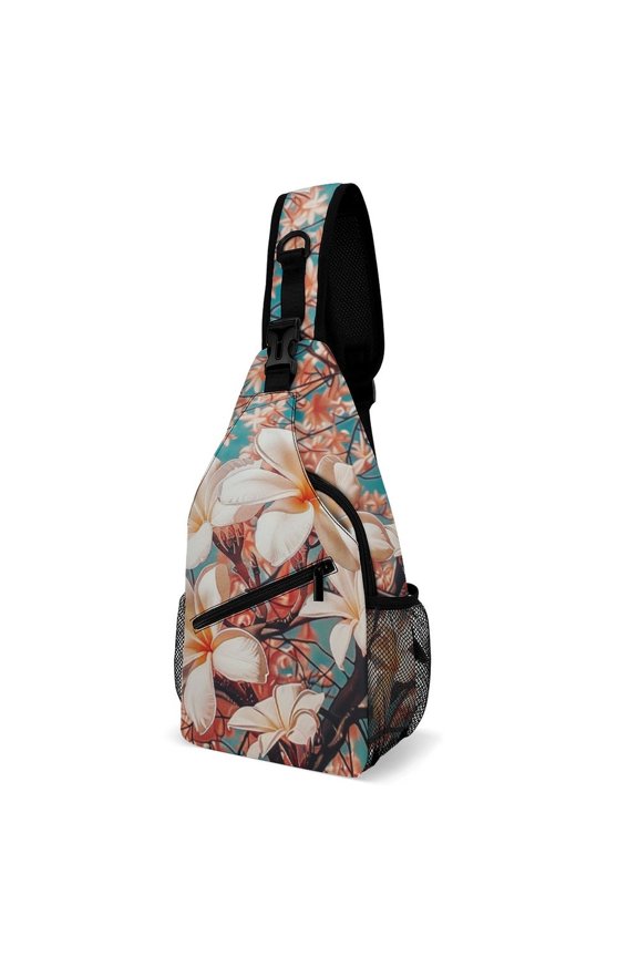 Twill Chest Bag Pack – Multi‑Pocket with Mesh Side Pockets Adjustable Strap – Plumeria Flowers Pattern