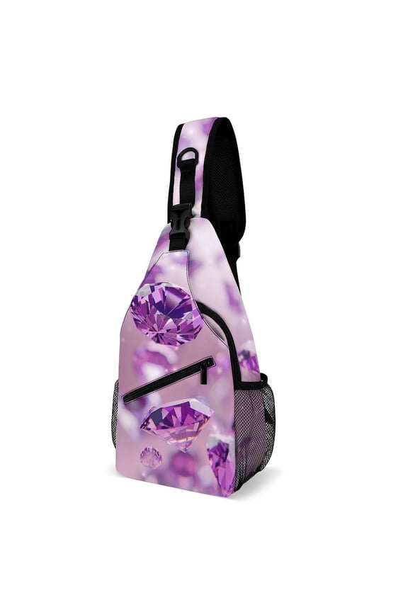 Twill Chest Bag Pack – Multi‑Pocket with Mesh Side Pockets Adjustable Strap – Purple Crystal Pattern