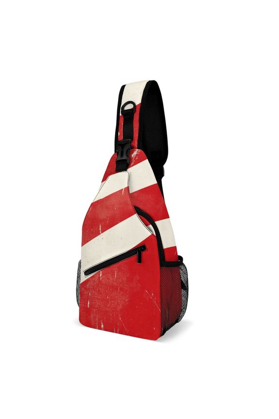 Twill Chest Bag Pack – Multi‑Pocket with Mesh Side Pockets Adjustable Strap – Red White Strip Pattern