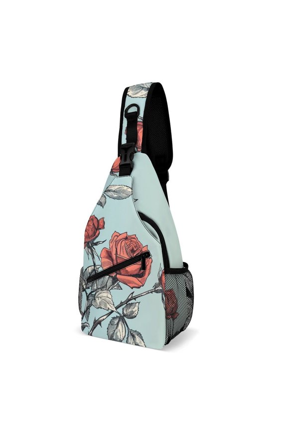 Twill Chest Bag Pack – Multi‑Pocket with Mesh Side Pockets Adjustable Strap – Rose Illustration Pattern