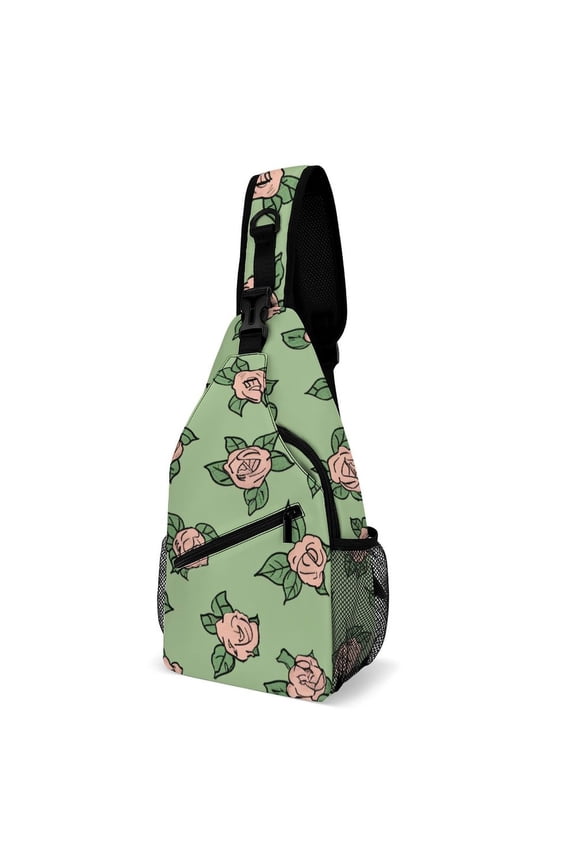Twill Chest Bag Pack – Multi‑Pocket with Mesh Side Pockets Adjustable Strap – Rose Illustration Pattern