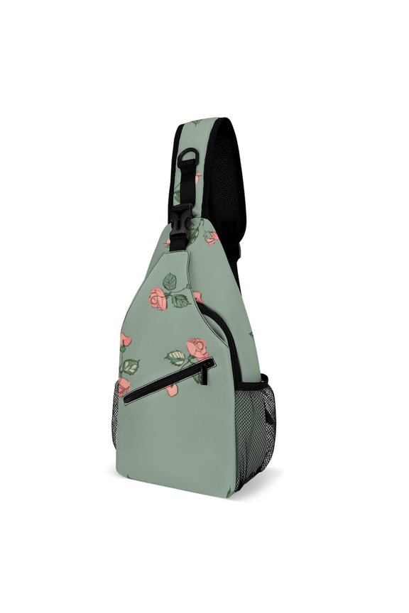 Twill Chest Bag Pack – Multi‑Pocket with Mesh Side Pockets Adjustable Strap – Rose Pattern