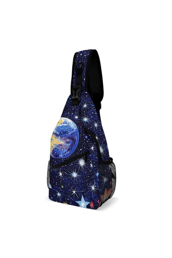 Twill Chest Bag Pack – Multi‑Pocket with Mesh Side Pockets Adjustable Strap – Star Around Planet Pattern