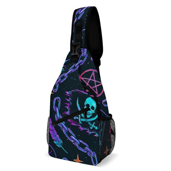 Twill Chest Bag Pack – Multi‑Pocket with Mesh Side Pockets Adjustable Strap – Star Rebel Neon Pattern