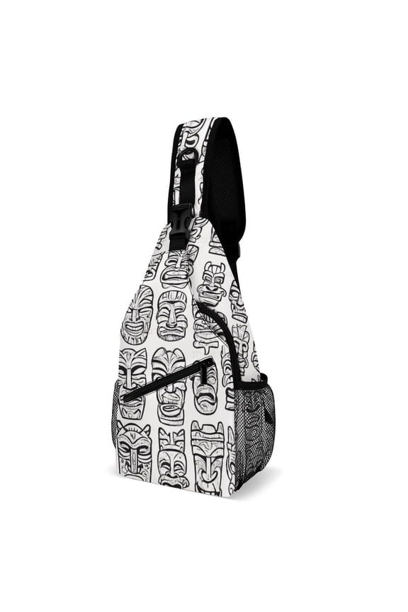 Twill Chest Bag Pack – Multi‑Pocket with Mesh Side Pockets Adjustable Strap – Tribal Face Frenzy Pattern