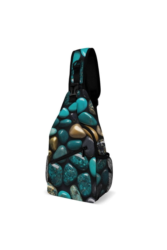 Twill Chest Bag Pack – Multi‑Pocket with Mesh Side Pockets Adjustable Strap – Turquoise And Gold Pattern