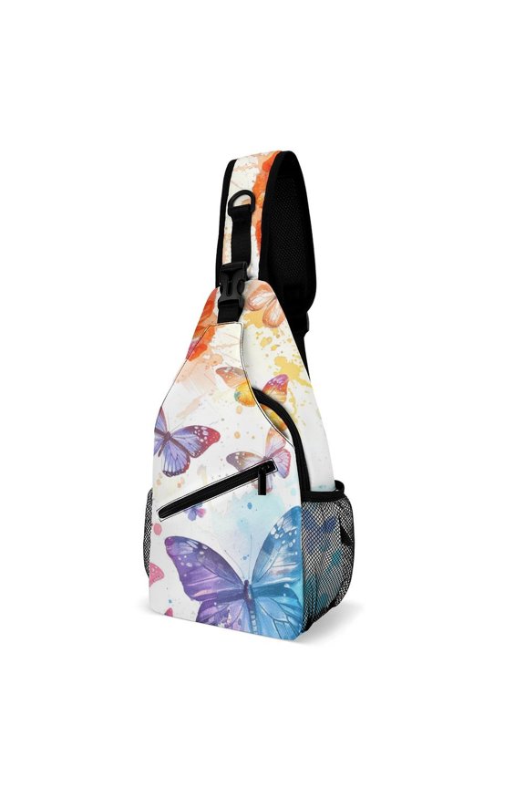 Twill Chest Bag Pack – Multi‑Pocket with Mesh Side Pockets Adjustable Strap – Watercolor Butterfly Pattern