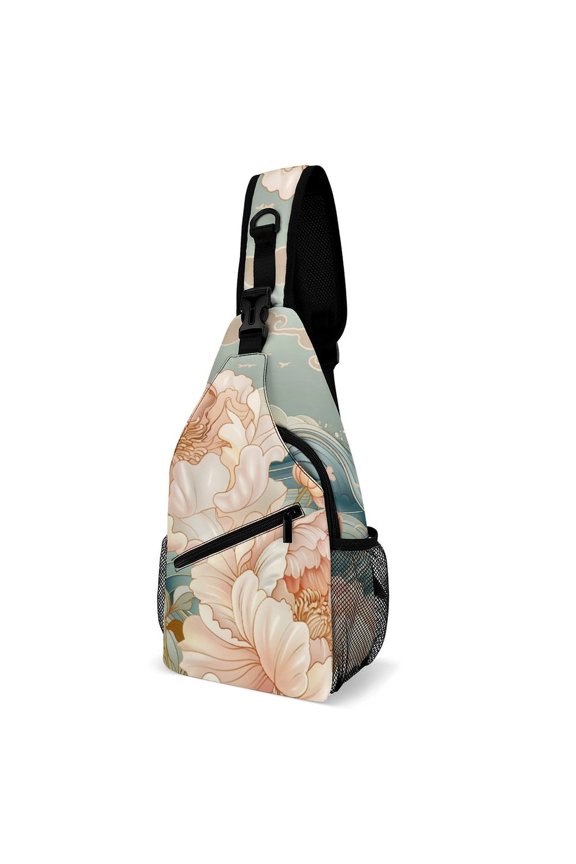 Twill Chest Bag Pack – Multi‑Pocket with Mesh Side Pockets Adjustable Strap – Wave Peony Pattern