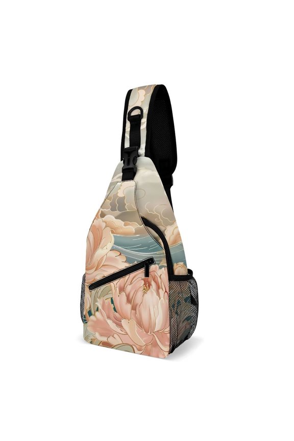 Twill Chest Bag Pack – Multi‑Pocket with Mesh Side Pockets Adjustable Strap – Wave Peony Pattern