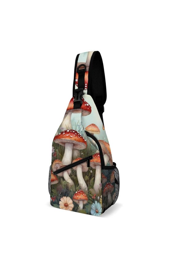 Twill Chest Bag Pack – Multi‑Pocket with Mesh Side Pockets Adjustable Strap – Whimsical Red Mushrooms Pattern