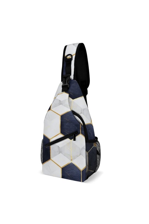 Twill Chest Bag Pack – Multi‑Pocket with Mesh Side Pockets Adjustable Strap – White Navy Hexagons Pattern