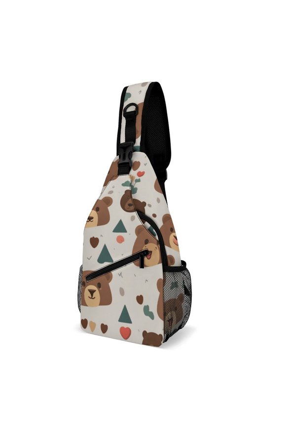 Twill Chest Bag Pack Unisex – Multi‑Pocket with Mesh Side Pockets Adjustable Strap – Bear Emoji Pattern
