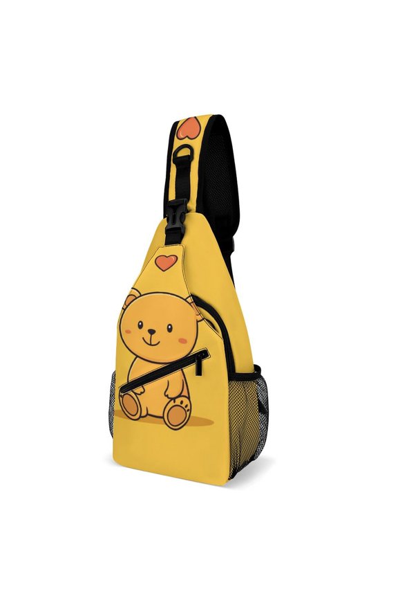 Twill Chest Bag Pack Unisex – Multi‑Pocket with Mesh Side Pockets Adjustable Strap – Bear Heart