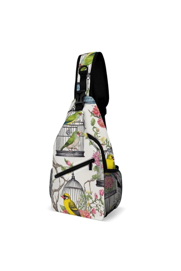 Twill Chest Bag Pack Unisex – Multi‑Pocket with Mesh Side Pockets Adjustable Strap – Birds And Flowers