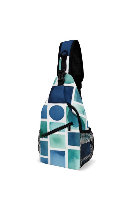Twill Chest Bag Pack Unisex – Multi‑Pocket with Mesh Side Pockets Adjustable Strap – Calm Blue Tile Grid