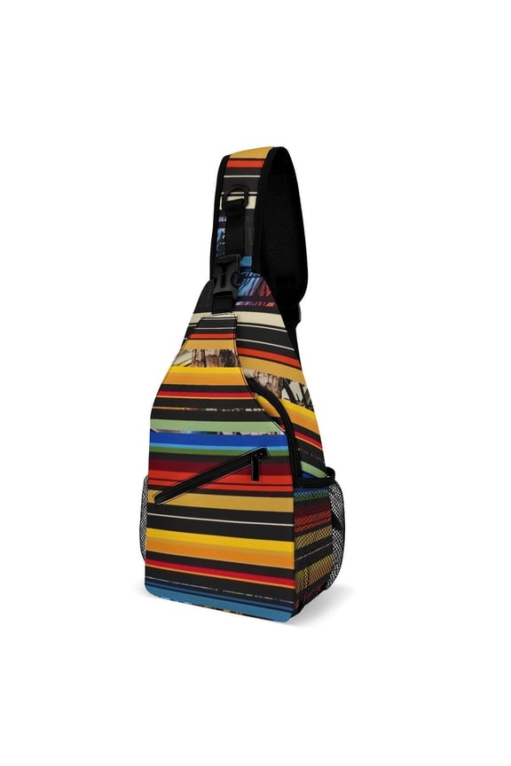 Twill Chest Bag Pack Unisex – Multi‑Pocket with Mesh Side Pockets Adjustable Strap – Colorful Mexican Poncho Stripes