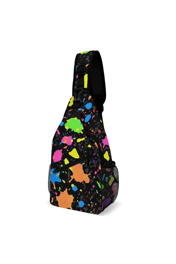 Twill Chest Bag Pack Unisex – Multi‑Pocket with Mesh Side Pockets Adjustable Strap – Colorful Paint Splatters