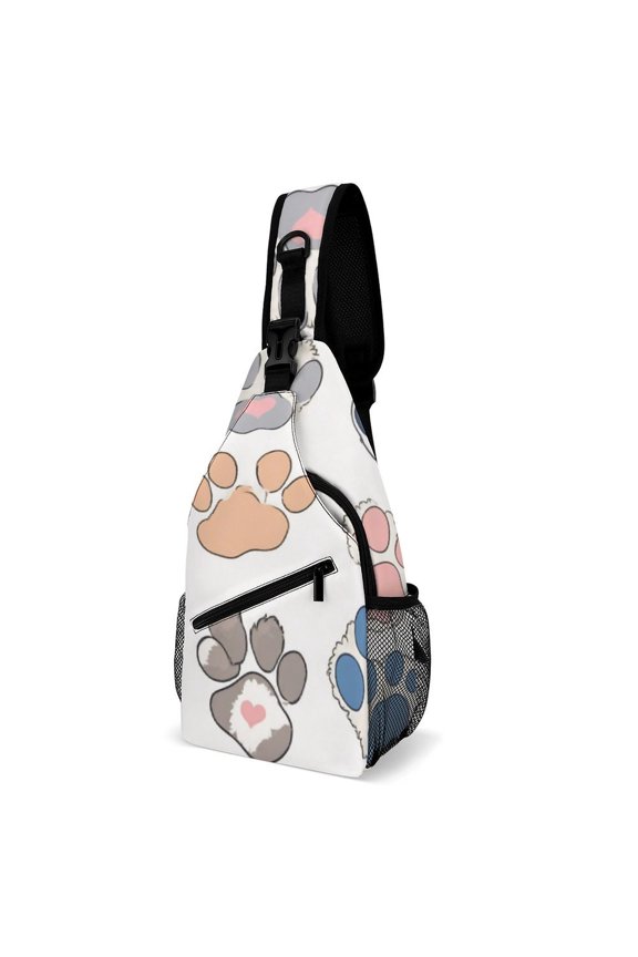 Twill Chest Bag Pack Unisex – Multi‑Pocket with Mesh Side Pockets Adjustable Strap – Colorful Paw Print