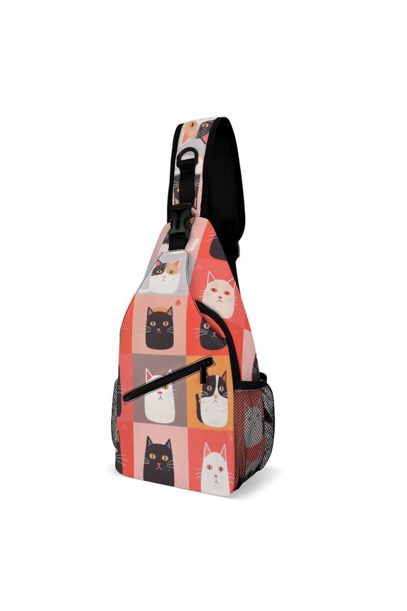 Twill Chest Bag Pack Unisex – Multi‑Pocket with Mesh Side Pockets Adjustable Strap – Cute Cat Meow