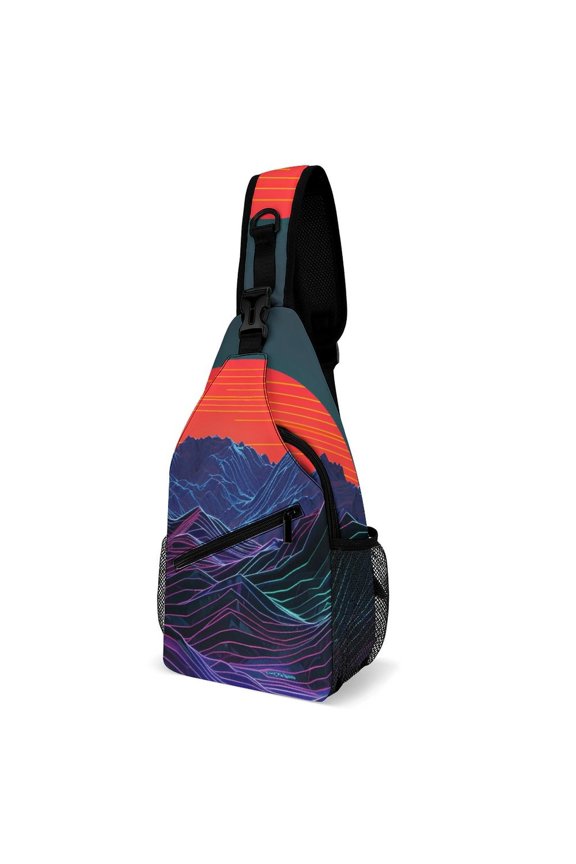 Twill Chest Bag Pack Unisex – Multi‑Pocket with Mesh Side Pockets Adjustable Strap – Cyber Neon Mountains
