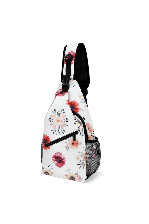 Twill Chest Bag Pack Unisex – Multi‑Pocket with Mesh Side Pockets Adjustable Strap – Flower Red