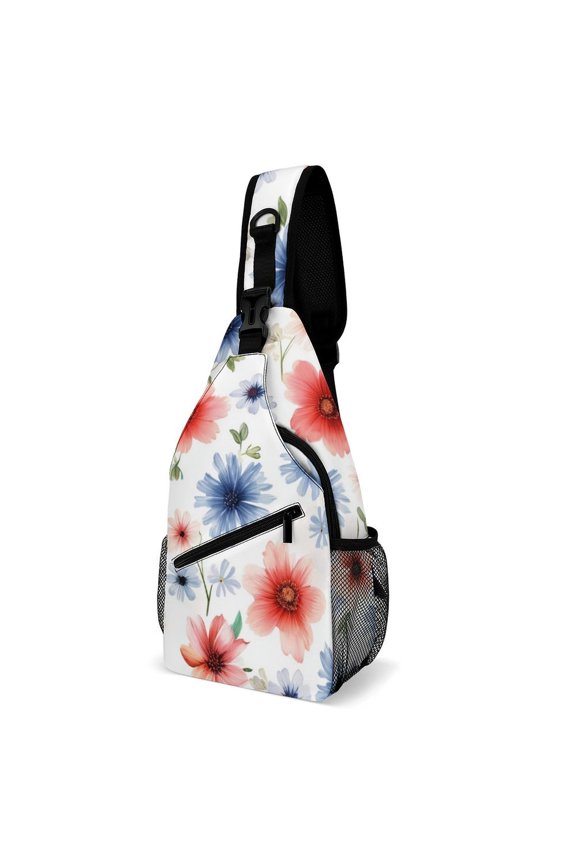 Twill Chest Bag Pack Unisex – Multi‑Pocket with Mesh Side Pockets Adjustable Strap – Flower
