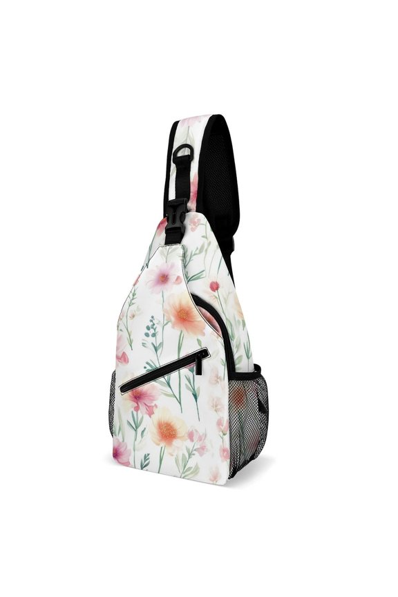 Twill Chest Bag Pack Unisex – Multi‑Pocket with Mesh Side Pockets Adjustable Strap – Flowers
