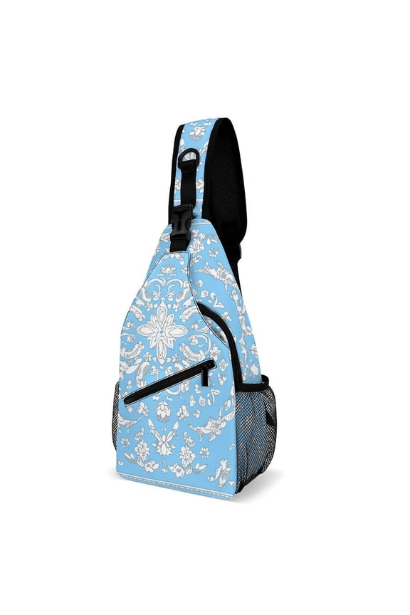 Twill Chest Bag Pack Unisex – Multi‑Pocket with Mesh Side Pockets Adjustable Strap – Light Blue Bandana Print