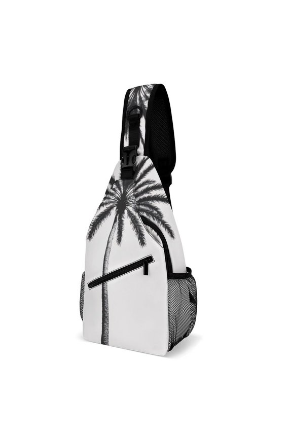 Twill Chest Bag Pack Unisex – Multi‑Pocket with Mesh Side Pockets Adjustable Strap – Palm Tree Silhouette