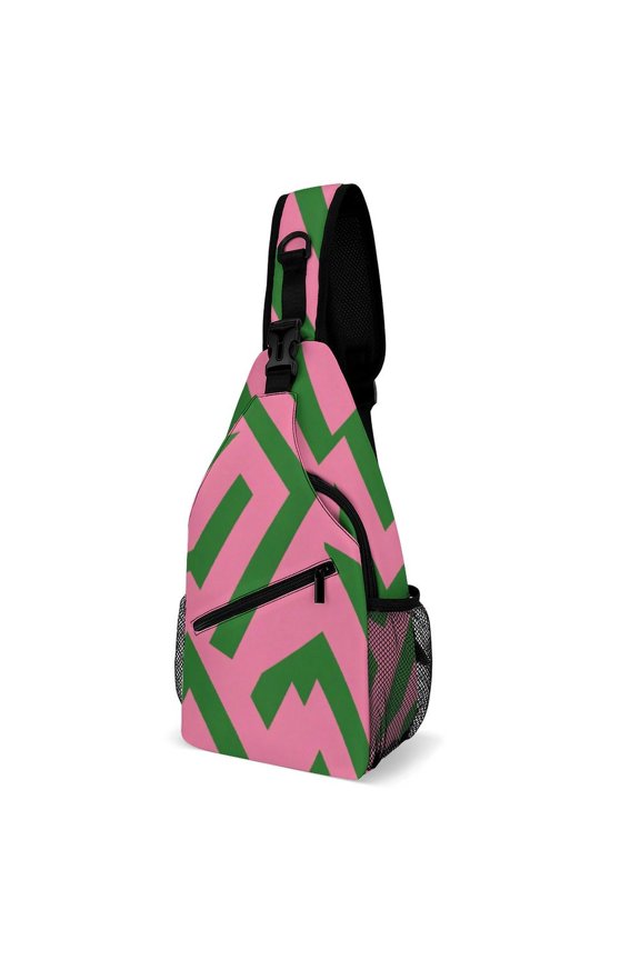 Twill Chest Bag Pack Unisex – Multi‑Pocket with Mesh Side Pockets Adjustable Strap – Pink Green Diagonal Lines
