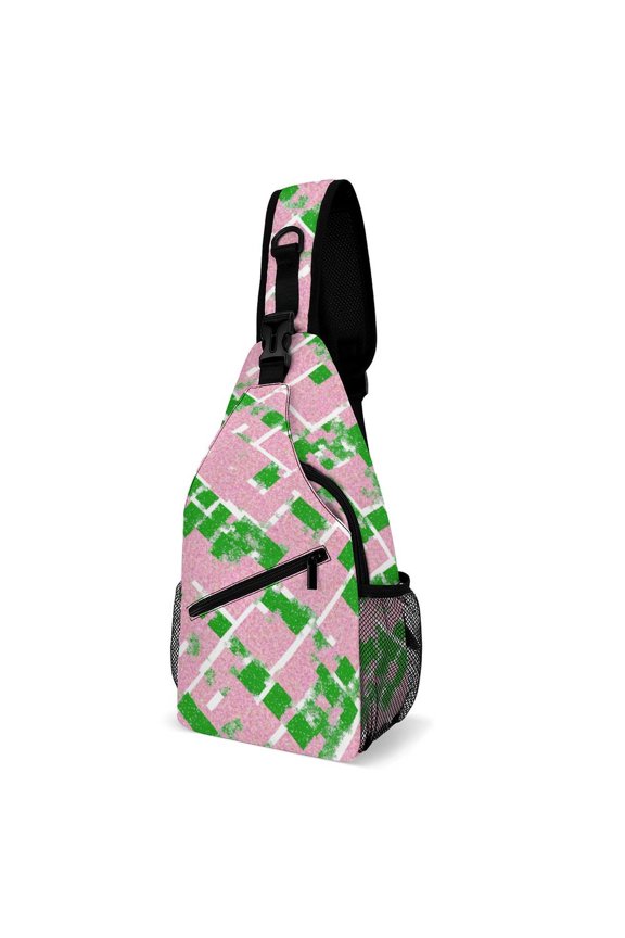Twill Chest Bag Pack Unisex – Multi‑Pocket with Mesh Side Pockets Adjustable Strap – Pink Grid