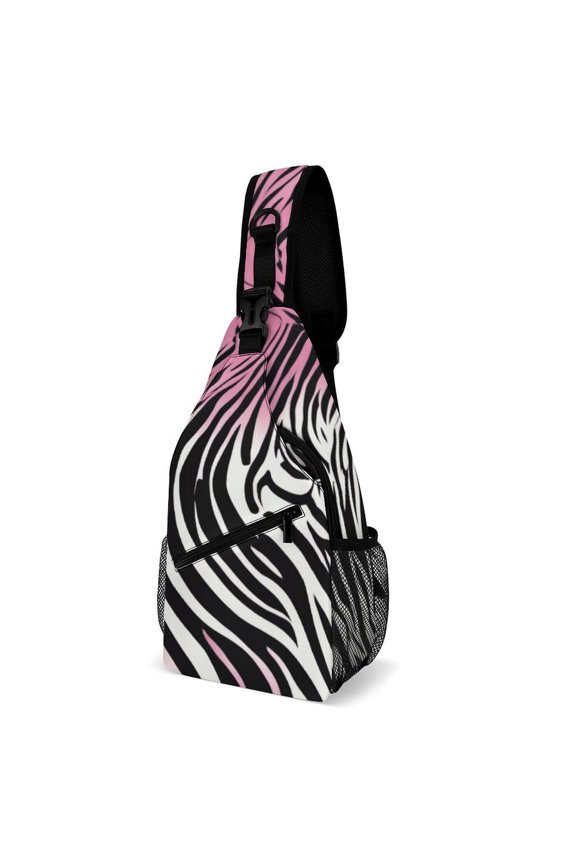 Twill Chest Bag Pack Unisex – Multi‑Pocket with Mesh Side Pockets Adjustable Strap – Pink Zebra Pattern