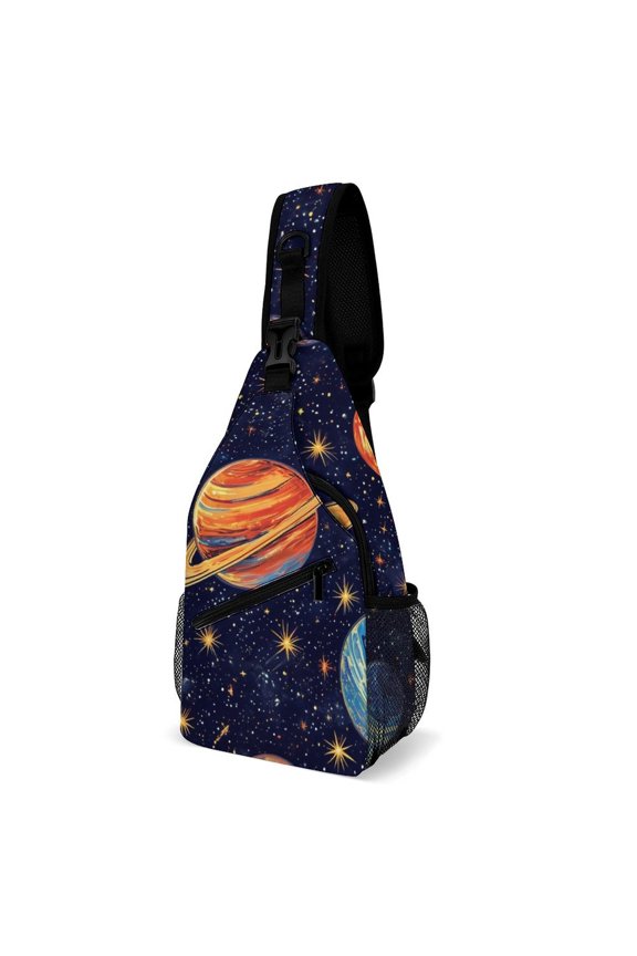 Twill Chest Bag Pack Unisex – Multi‑Pocket with Mesh Side Pockets Adjustable Strap – Planet Galaxy