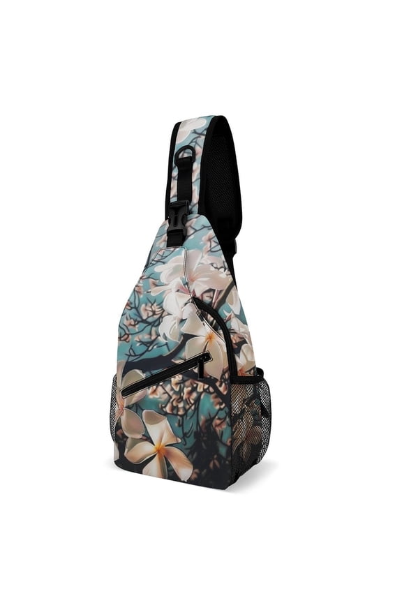 Twill Chest Bag Pack Unisex – Multi‑Pocket with Mesh Side Pockets Adjustable Strap – Plumeria Flowers