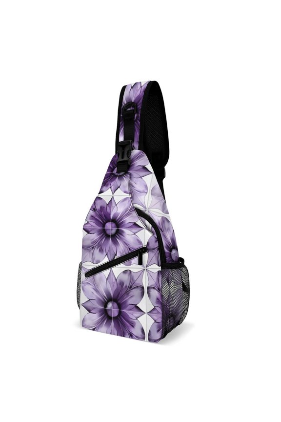 Twill Chest Bag Pack Unisex – Multi‑Pocket with Mesh Side Pockets Adjustable Strap – Purple Flower