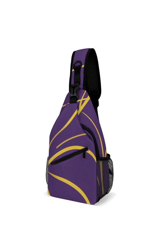 Twill Chest Bag Pack Unisex – Multi‑Pocket with Mesh Side Pockets Adjustable Strap – Purple Thin Golden Lines