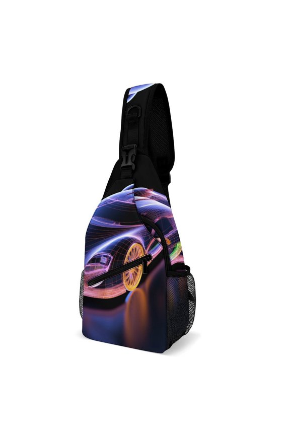 Twill Chest Bag Pack Unisex – Multi‑Pocket with Mesh Side Pockets Adjustable Strap – Race Car Hologram