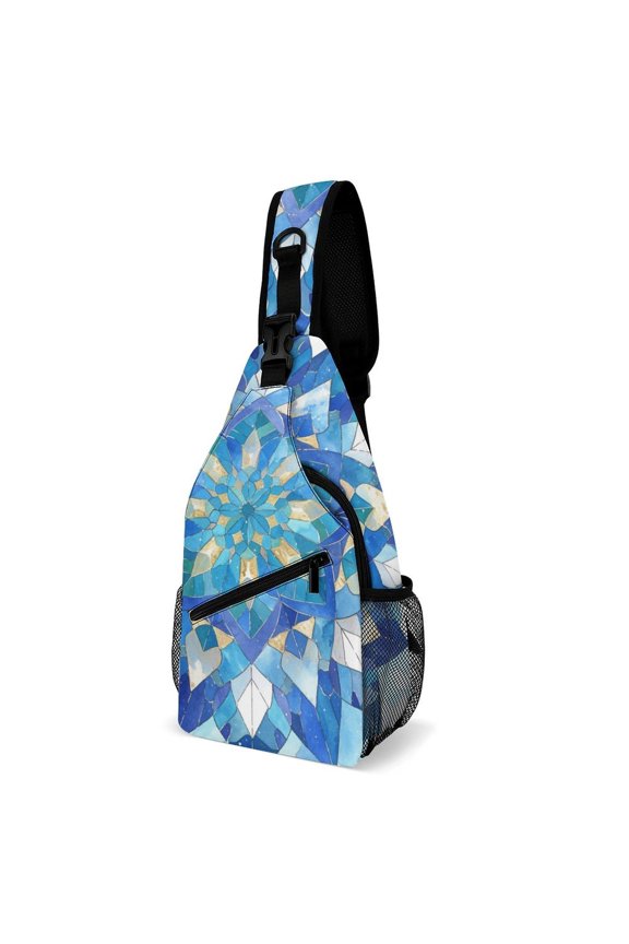 Twill Chest Bag Pack Unisex – Multi‑Pocket with Mesh Side Pockets Adjustable Strap – Retro Mandala Glass Flower