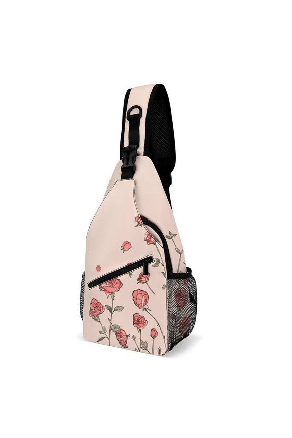 Twill Chest Bag Pack Unisex – Multi‑Pocket with Mesh Side Pockets Adjustable Strap – Rose Pattern