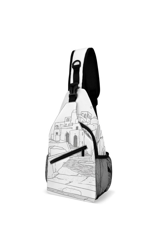 Twill Chest Bag Pack Unisex – Multi‑Pocket with Mesh Side Pockets Adjustable Strap – Santorini Black & White Greece