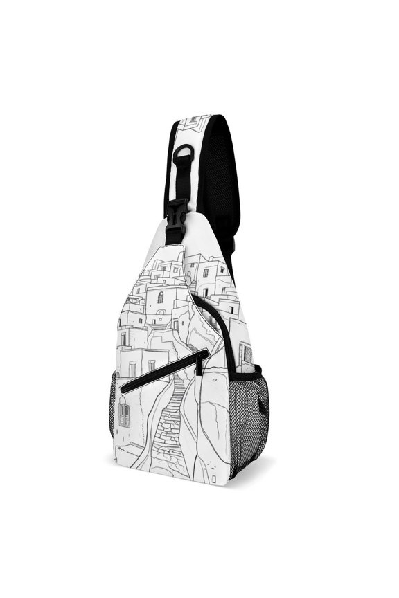 Twill Chest Bag Pack Unisex – Multi‑Pocket with Mesh Side Pockets Adjustable Strap – Santorini Black & White Greece