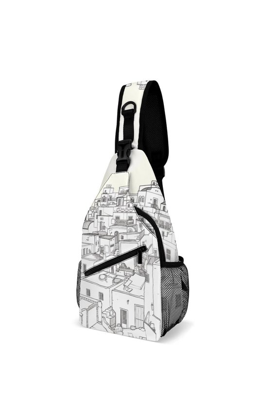 Twill Chest Bag Pack Unisex – Multi‑Pocket with Mesh Side Pockets Adjustable Strap – Santorini Black & White Greece